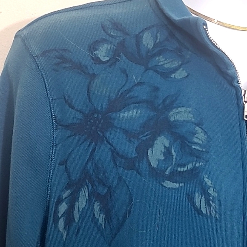 Sweatshirt Zippered Floral Print 100% Cotton Teal Blue monochromatic